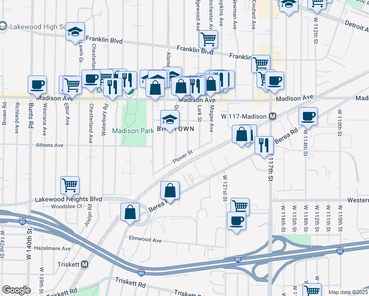 map of restaurants, bars, coffee shops, grocery stores, and more near 2127 Quail Street in Lakewood