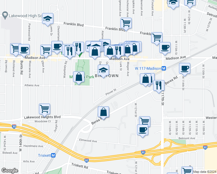 map of restaurants, bars, coffee shops, grocery stores, and more near 2127 Quail Street in Lakewood