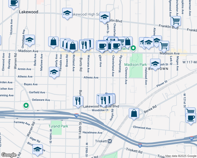 map of restaurants, bars, coffee shops, grocery stores, and more near 2128 Wyandotte Avenue in Lakewood