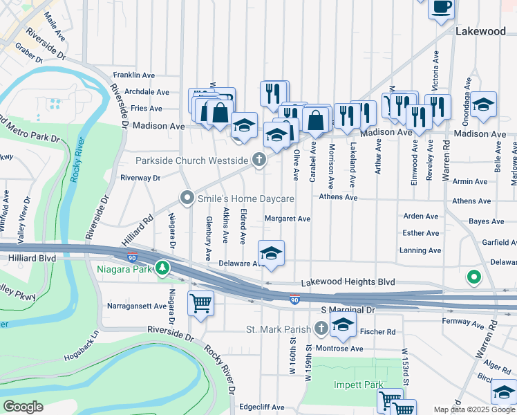 map of restaurants, bars, coffee shops, grocery stores, and more near 2189 Woodward Avenue in Lakewood