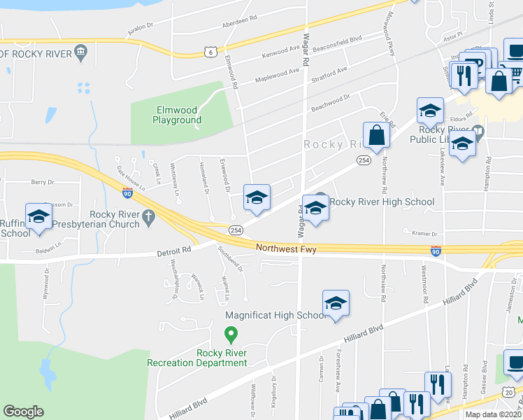 map of restaurants, bars, coffee shops, grocery stores, and more near 21208 Detroit Road in Rocky River