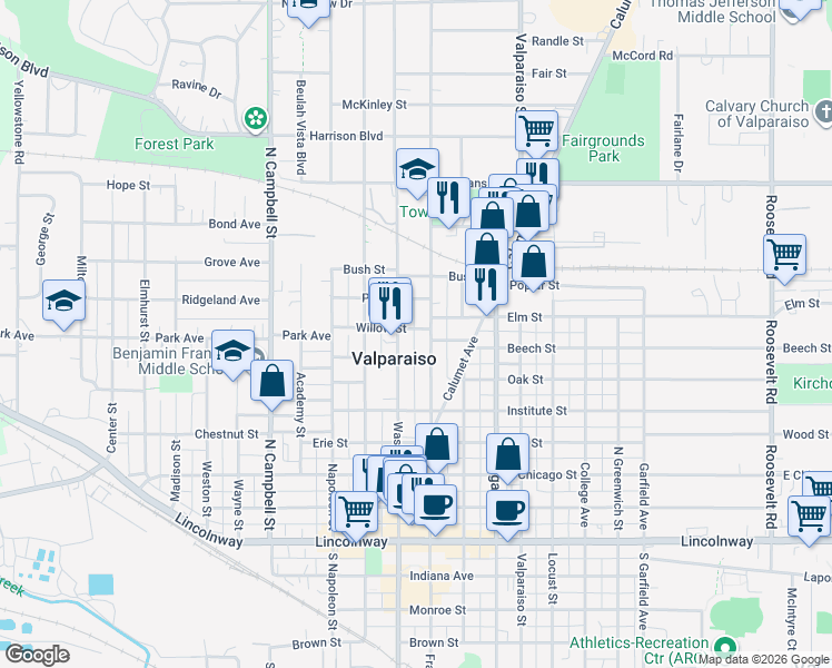 map of restaurants, bars, coffee shops, grocery stores, and more near 603 Franklin Street in Valparaiso