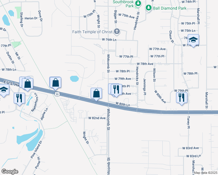 map of restaurants, bars, coffee shops, grocery stores, and more near 7933 Whitcomb Street in Merrillville