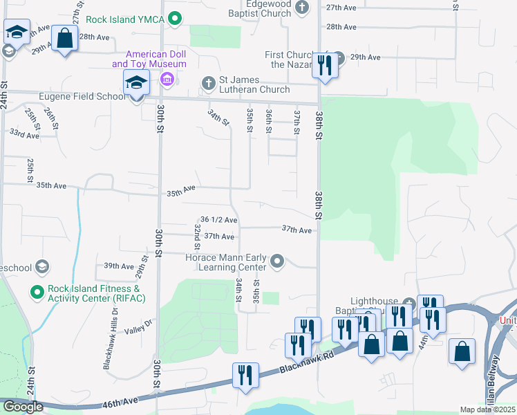 map of restaurants, bars, coffee shops, grocery stores, and more near 3619 1/2 34th Street in Rock Island