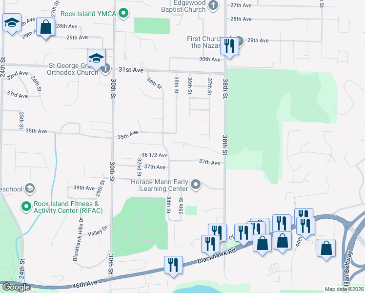 map of restaurants, bars, coffee shops, grocery stores, and more near 3619 1/2 34th Street in Rock Island
