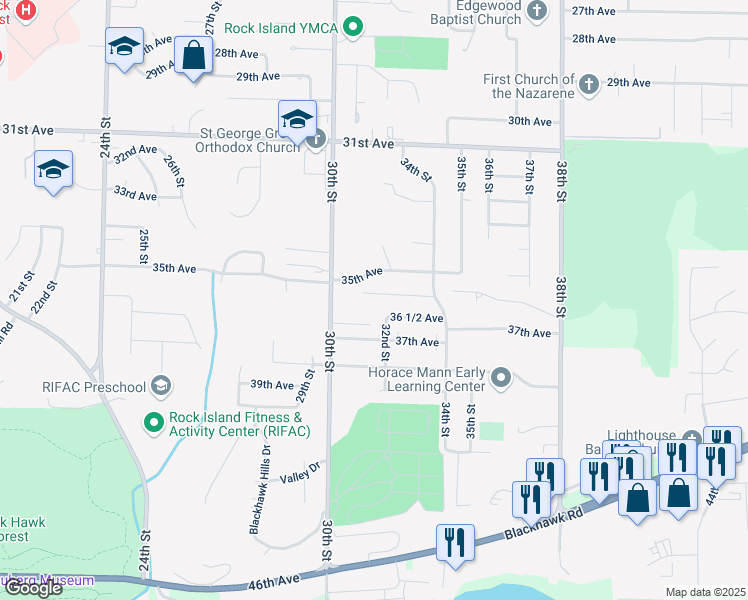 map of restaurants, bars, coffee shops, grocery stores, and more near 3201 36 1/2 Avenue in Rock Island