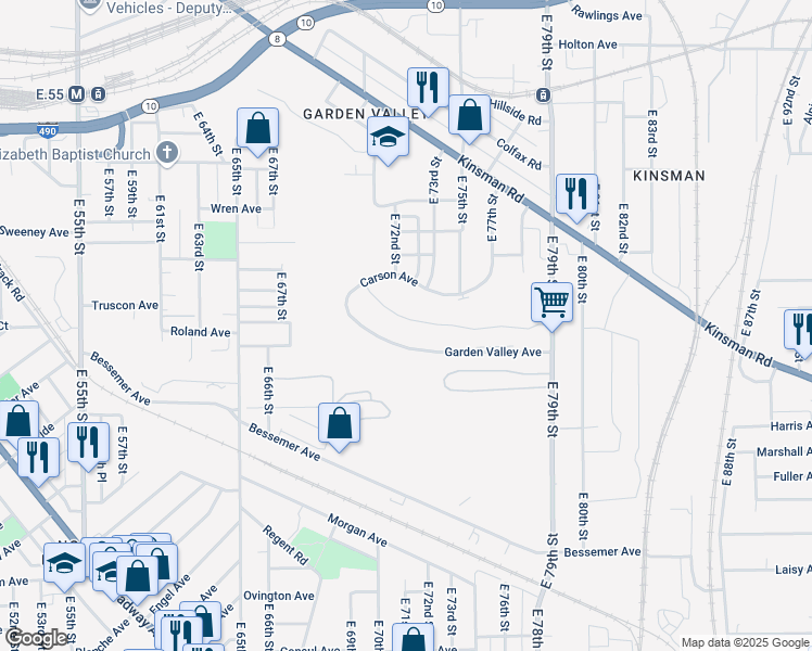map of restaurants, bars, coffee shops, grocery stores, and more near 7217 Garden Valley Avenue in Cleveland