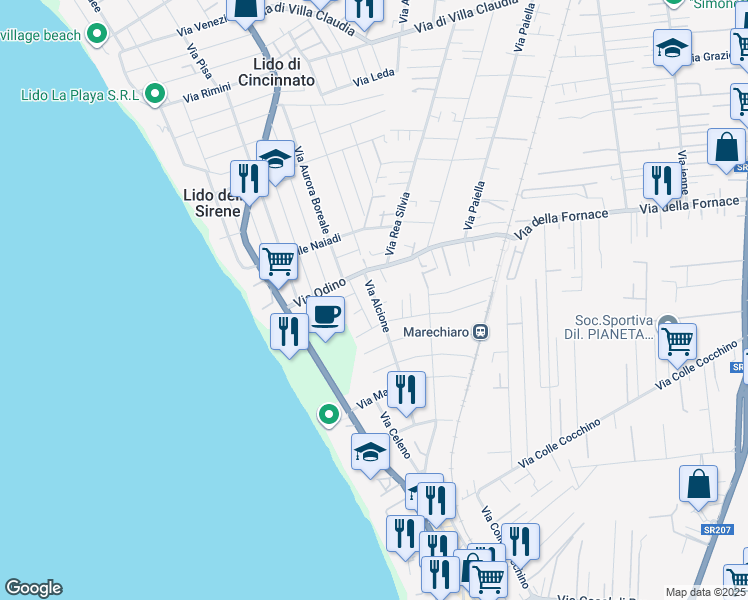 map of restaurants, bars, coffee shops, grocery stores, and more near 66 Via Alcione in Anzio