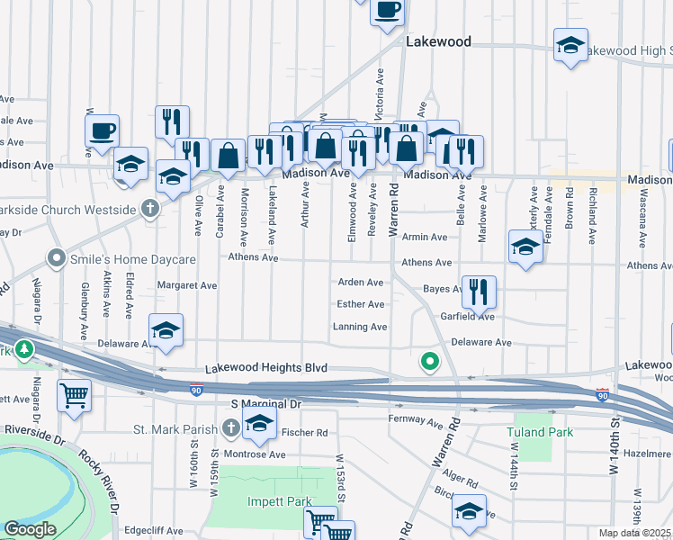 map of restaurants, bars, coffee shops, grocery stores, and more near 2121 Mars Avenue in Lakewood