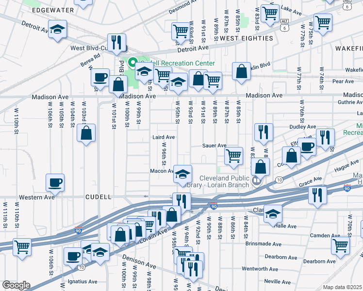 map of restaurants, bars, coffee shops, grocery stores, and more near 2129 West 95th Street in Cleveland