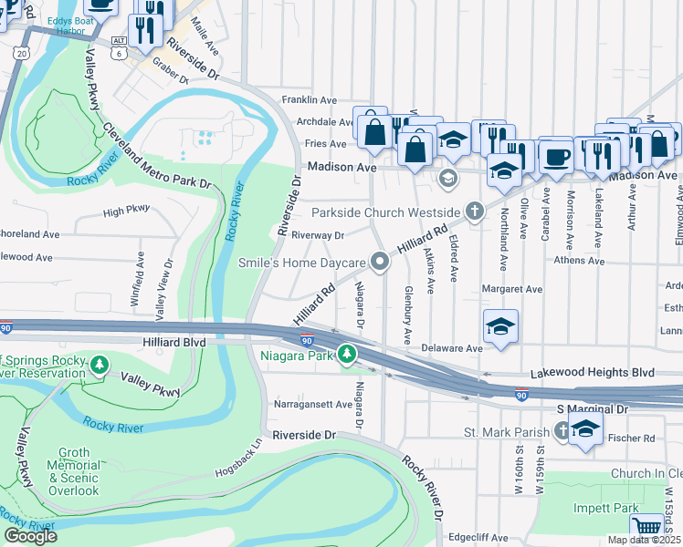 map of restaurants, bars, coffee shops, grocery stores, and more near 17503 Hilliard Road in Lakewood