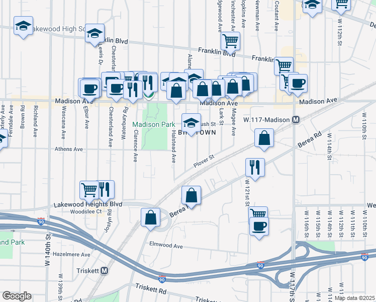 map of restaurants, bars, coffee shops, grocery stores, and more near 2111 Dowd Avenue in Lakewood