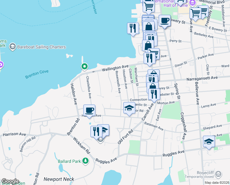 map of restaurants, bars, coffee shops, grocery stores, and more near 6 Conrad Court in Newport