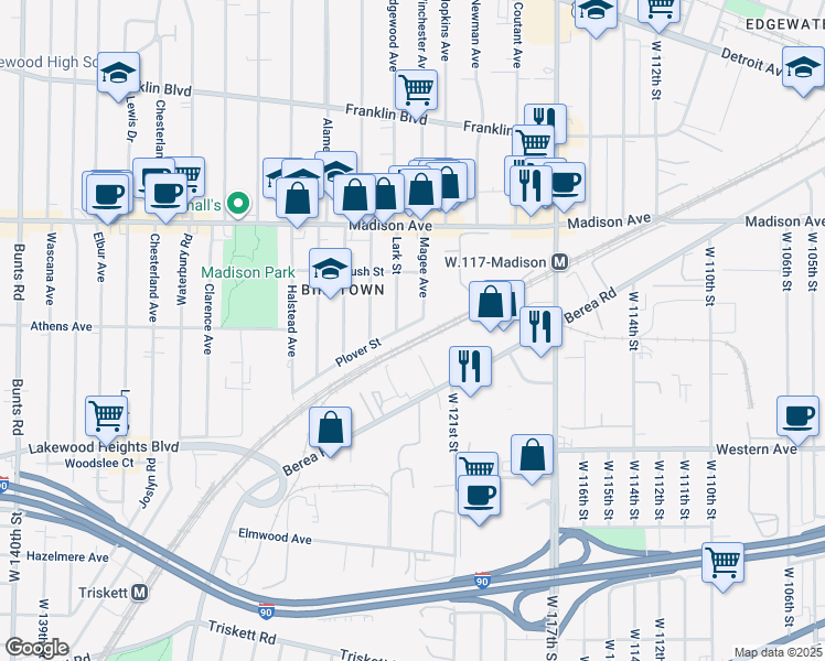map of restaurants, bars, coffee shops, grocery stores, and more near 12217 Plover Street in Lakewood