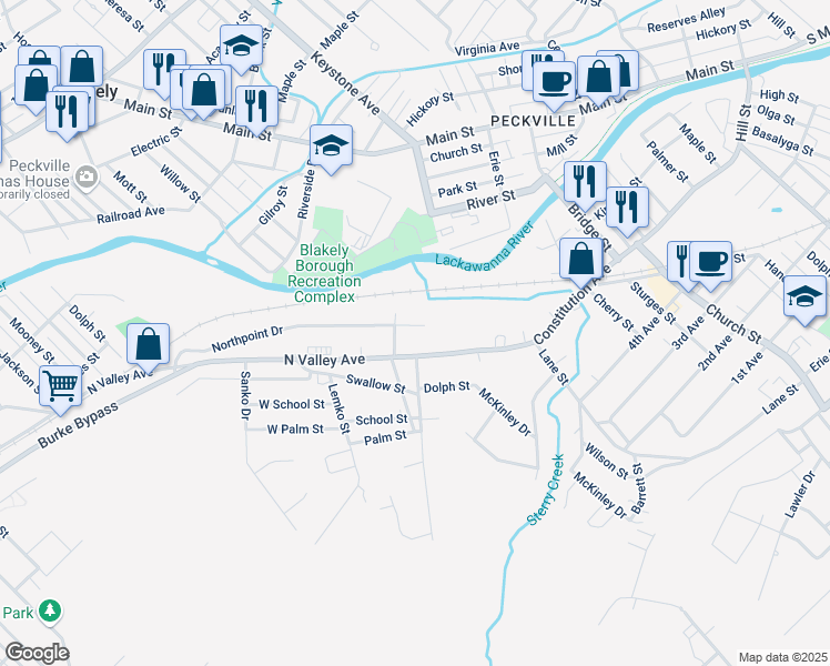 map of restaurants, bars, coffee shops, grocery stores, and more near 902 N Valley Ave in Olyphant