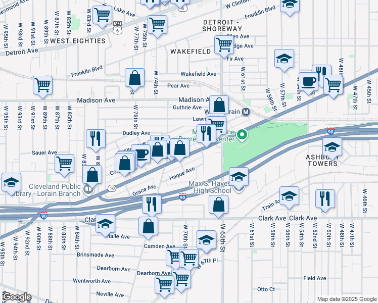 map of restaurants, bars, coffee shops, grocery stores, and more near 7008 Lorain Avenue in Cleveland