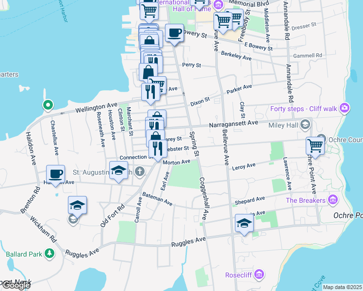 map of restaurants, bars, coffee shops, grocery stores, and more near 43 Webster Street in Newport