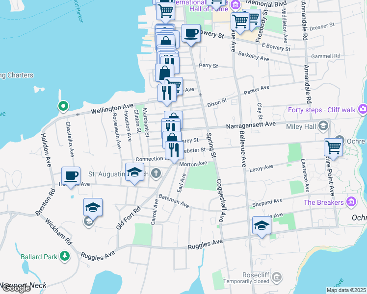map of restaurants, bars, coffee shops, grocery stores, and more near 9 Webster Street in Newport