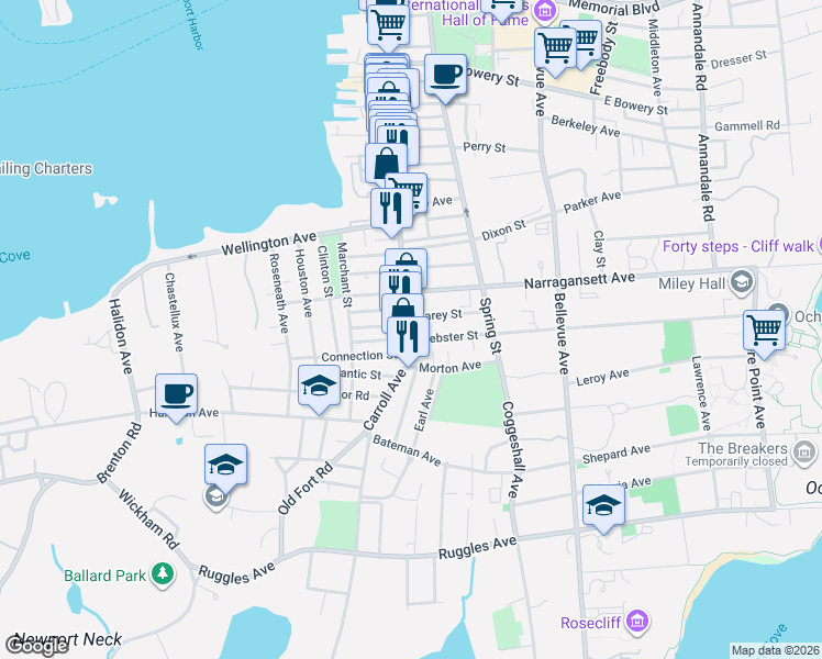 map of restaurants, bars, coffee shops, grocery stores, and more near 9 Webster Street in Newport