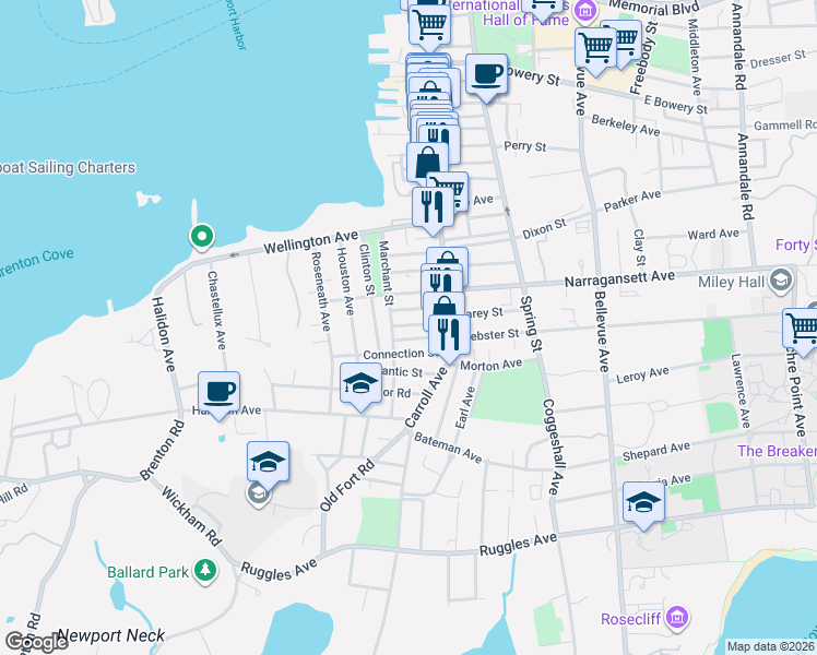 map of restaurants, bars, coffee shops, grocery stores, and more near 61 Marchant Street in Newport