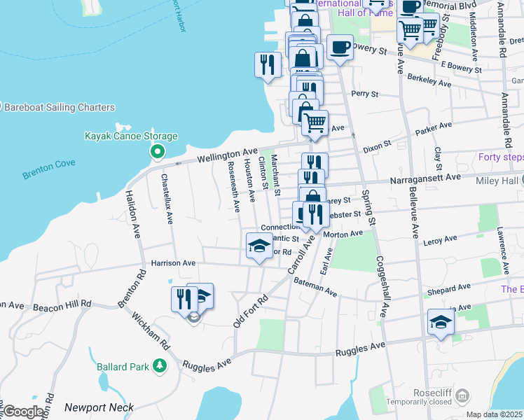 map of restaurants, bars, coffee shops, grocery stores, and more near 81 Houston Avenue in Newport