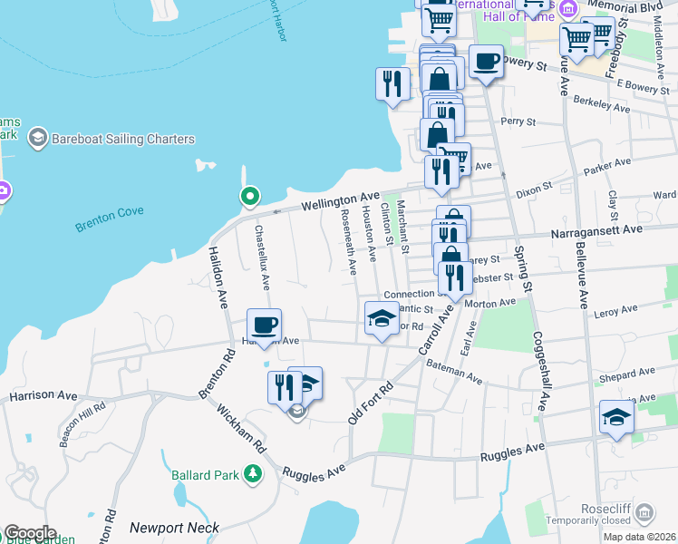map of restaurants, bars, coffee shops, grocery stores, and more near 6 Conrad Court in Newport