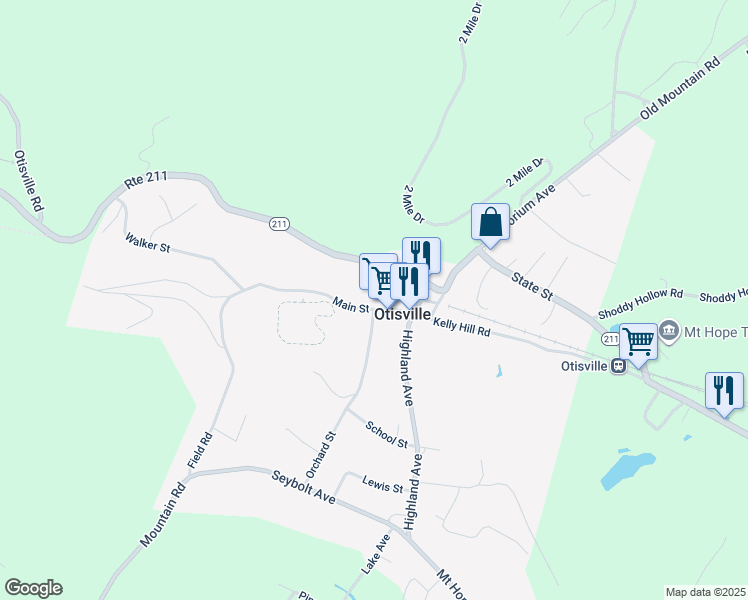 map of restaurants, bars, coffee shops, grocery stores, and more near 9 Main Street in Otisville