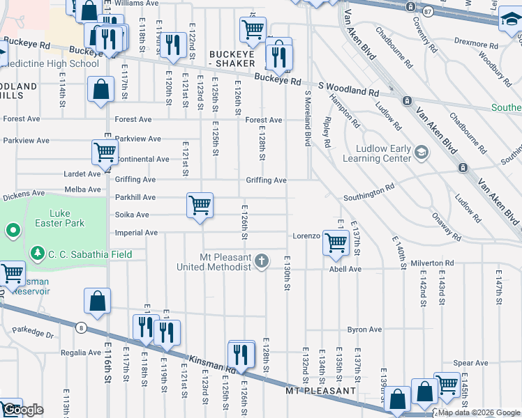map of restaurants, bars, coffee shops, grocery stores, and more near 12610 Soika Avenue in Cleveland