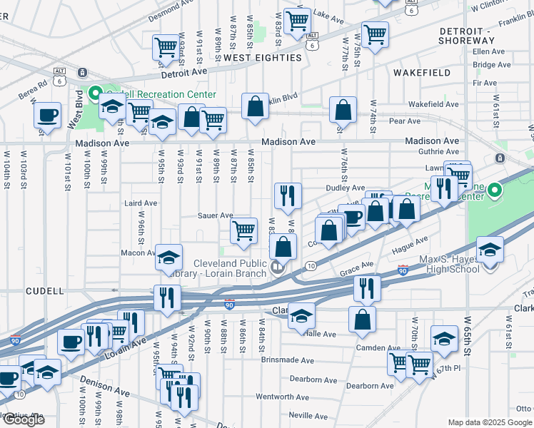 map of restaurants, bars, coffee shops, grocery stores, and more near 2133 West 84th Place in Cleveland