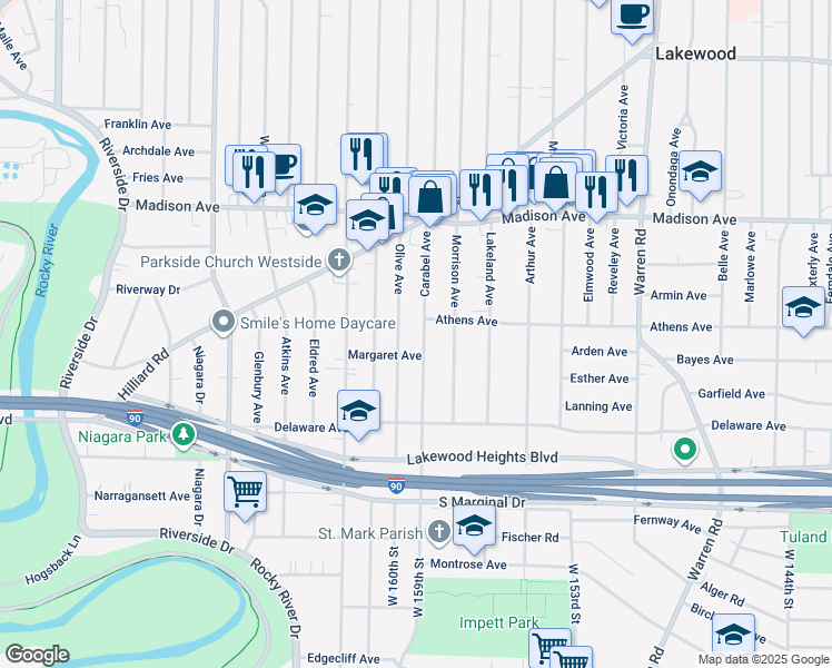 map of restaurants, bars, coffee shops, grocery stores, and more near 2129 Carabel Avenue in Lakewood
