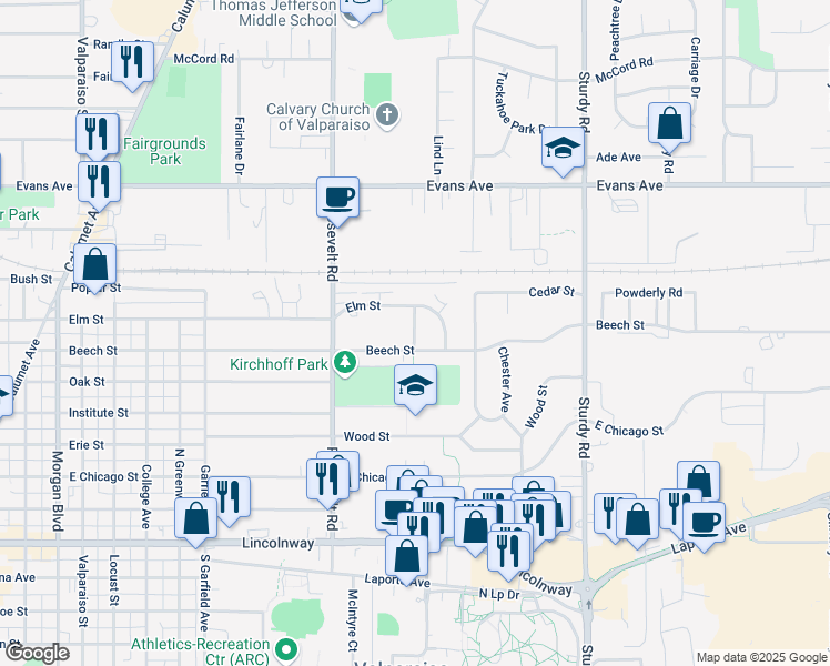 map of restaurants, bars, coffee shops, grocery stores, and more near 603 Orchard Avenue in Valparaiso