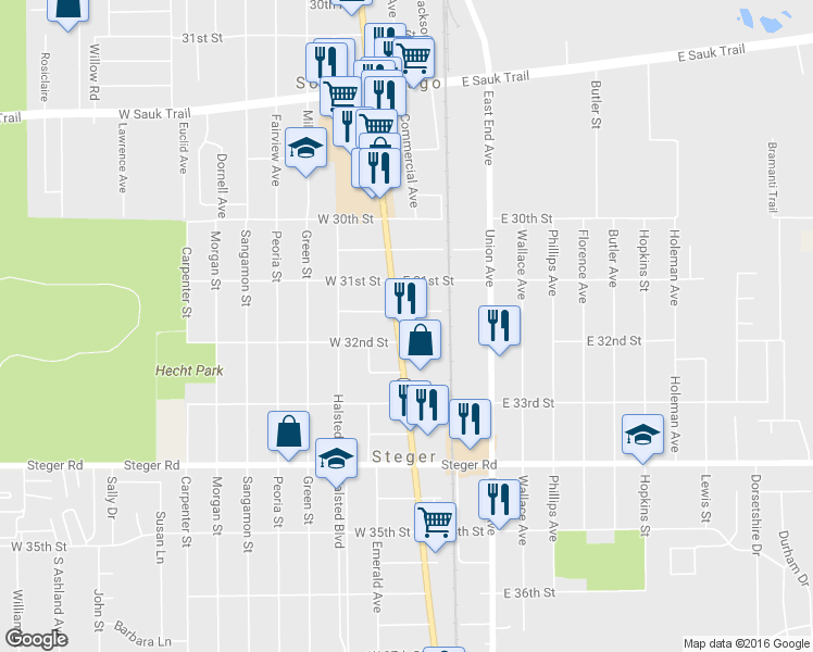 map of restaurants, bars, coffee shops, grocery stores, and more near 15 East 32nd Street in Steger