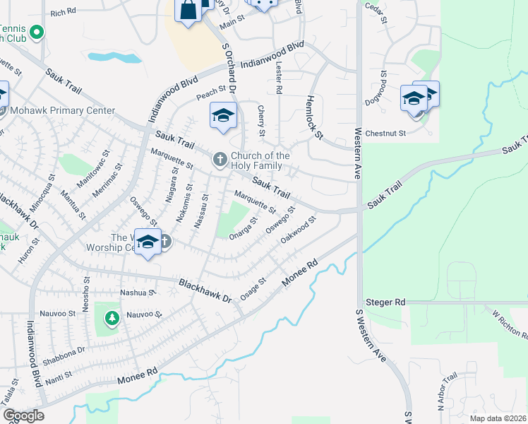 map of restaurants, bars, coffee shops, grocery stores, and more near 310 Oswego Street in Park Forest