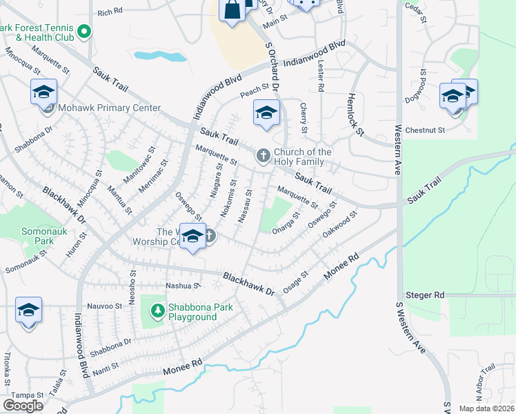 map of restaurants, bars, coffee shops, grocery stores, and more near 315 South Orchard Drive in Park Forest