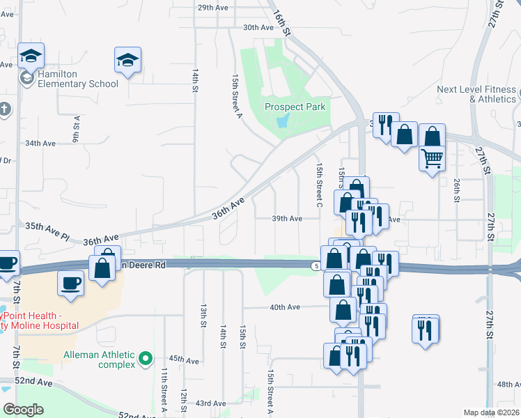 map of restaurants, bars, coffee shops, grocery stores, and more near 1501 39th Avenue in Moline