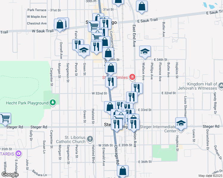 map of restaurants, bars, coffee shops, grocery stores, and more near 15 East 32nd Street in Steger
