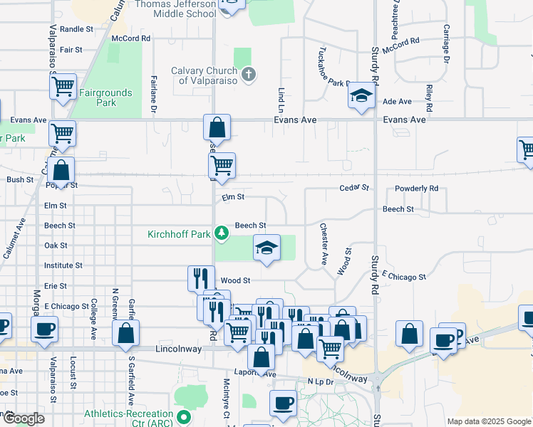 map of restaurants, bars, coffee shops, grocery stores, and more near 603 Orchard Avenue in Valparaiso