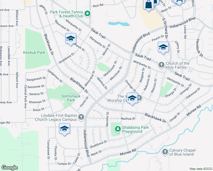 map of restaurants, bars, coffee shops, grocery stores, and more near 204 Mantua Street in Park Forest