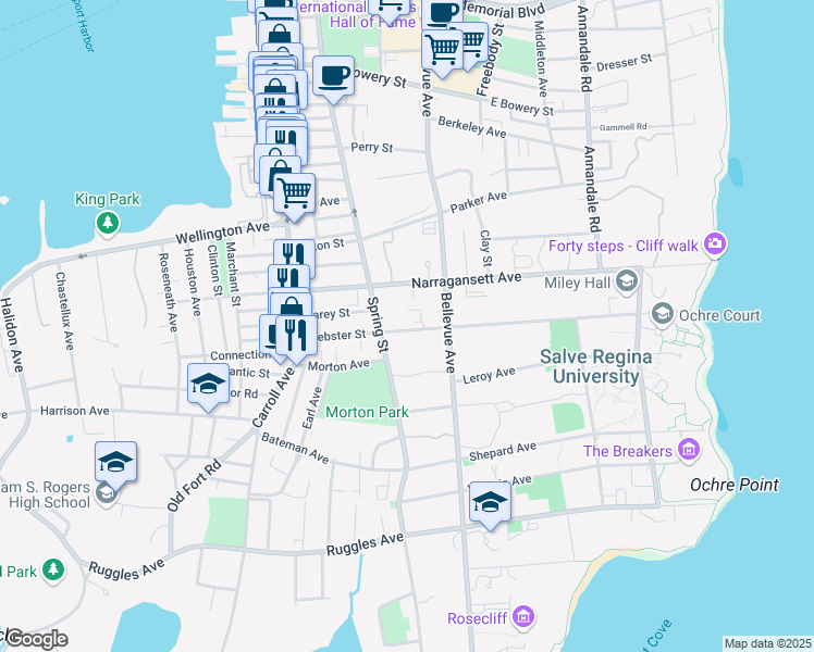 map of restaurants, bars, coffee shops, grocery stores, and more near 66 Webster Street in Newport