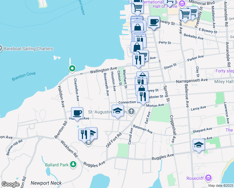 map of restaurants, bars, coffee shops, grocery stores, and more near 81 Houston Avenue in Newport