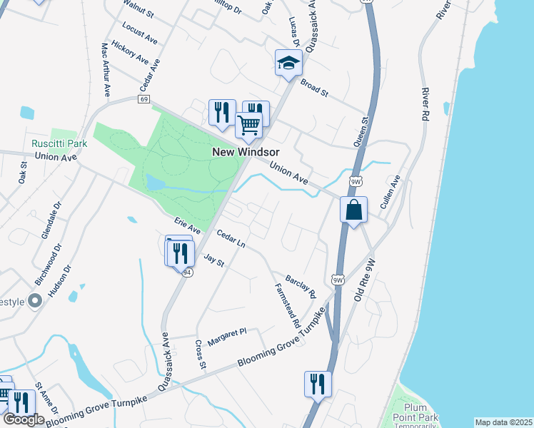 map of restaurants, bars, coffee shops, grocery stores, and more near 45 Kenwood Drive in New Windsor