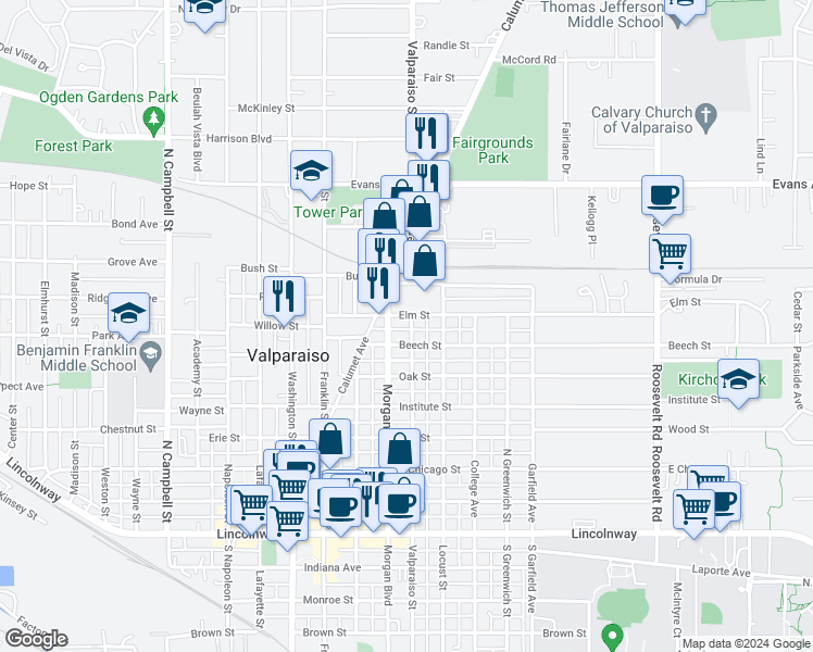 map of restaurants, bars, coffee shops, grocery stores, and more near 607 Valparaiso Street in Valparaiso
