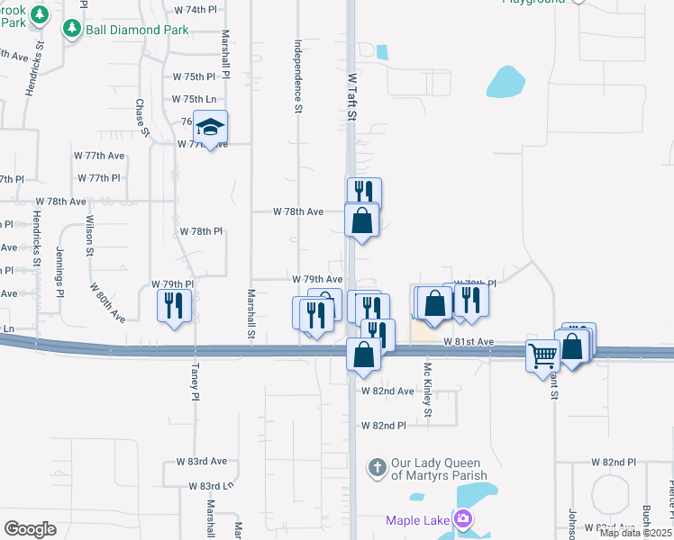 map of restaurants, bars, coffee shops, grocery stores, and more near 7898 Taft Street in Merrillville