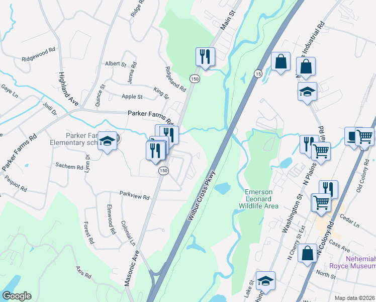 map of restaurants, bars, coffee shops, grocery stores, and more near 86 North Turnpike Road in Wallingford