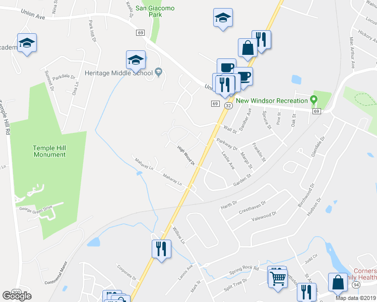 map of restaurants, bars, coffee shops, grocery stores, and more near 418 Arbor Lane in New Windsor