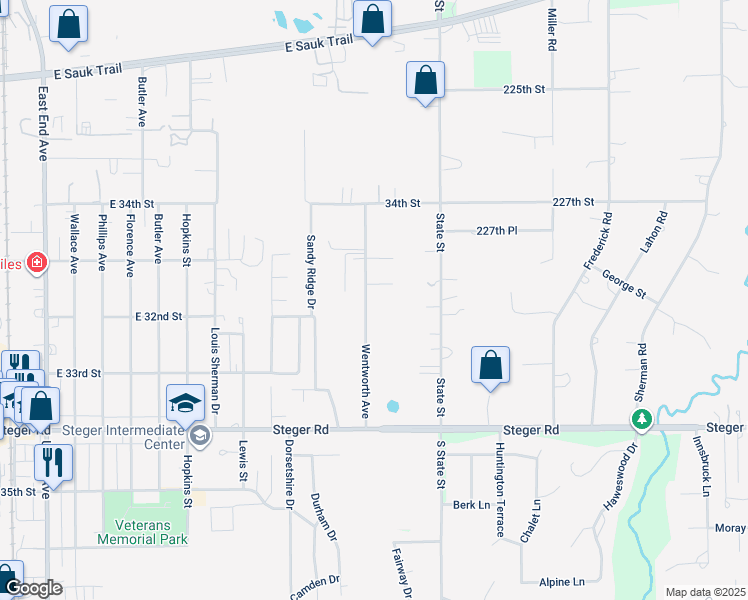 map of restaurants, bars, coffee shops, grocery stores, and more near 23225 Wentworth Avenue in Steger