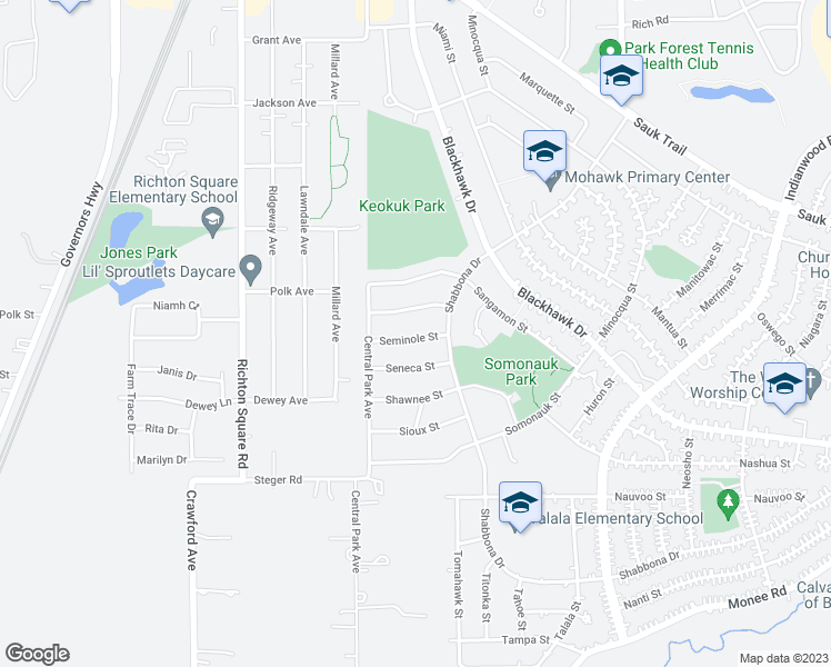 map of restaurants, bars, coffee shops, grocery stores, and more near 308 Seminole Street in Park Forest