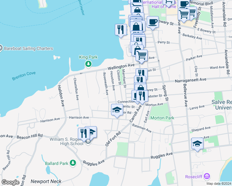 map of restaurants, bars, coffee shops, grocery stores, and more near 81 Houston Avenue in Newport