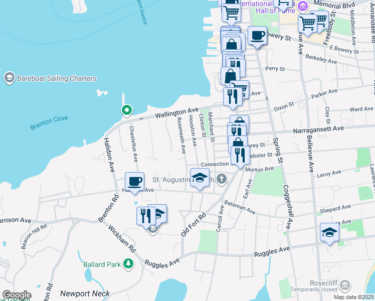 map of restaurants, bars, coffee shops, grocery stores, and more near 81 Houston Avenue in Newport