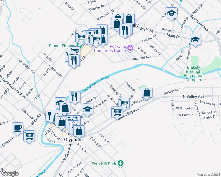 map of restaurants, bars, coffee shops, grocery stores, and more near 617 Susquehanna Avenue in Olyphant